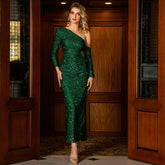 Robe moulante de Noël élégante à sequins, robe de soirée asymétrique